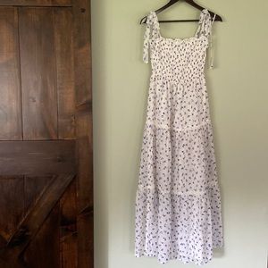 White dress with blue florals | midi tiered dress | size M ~ bridal shower